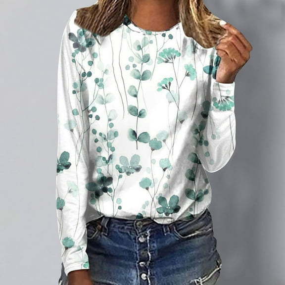 POTETI Hawaiian Shirts for Women Plus Size Winter Casual Round Neck Loose Casual Print T-Shirts Long Sleeve Blouse Army Green Blouse for Juniors