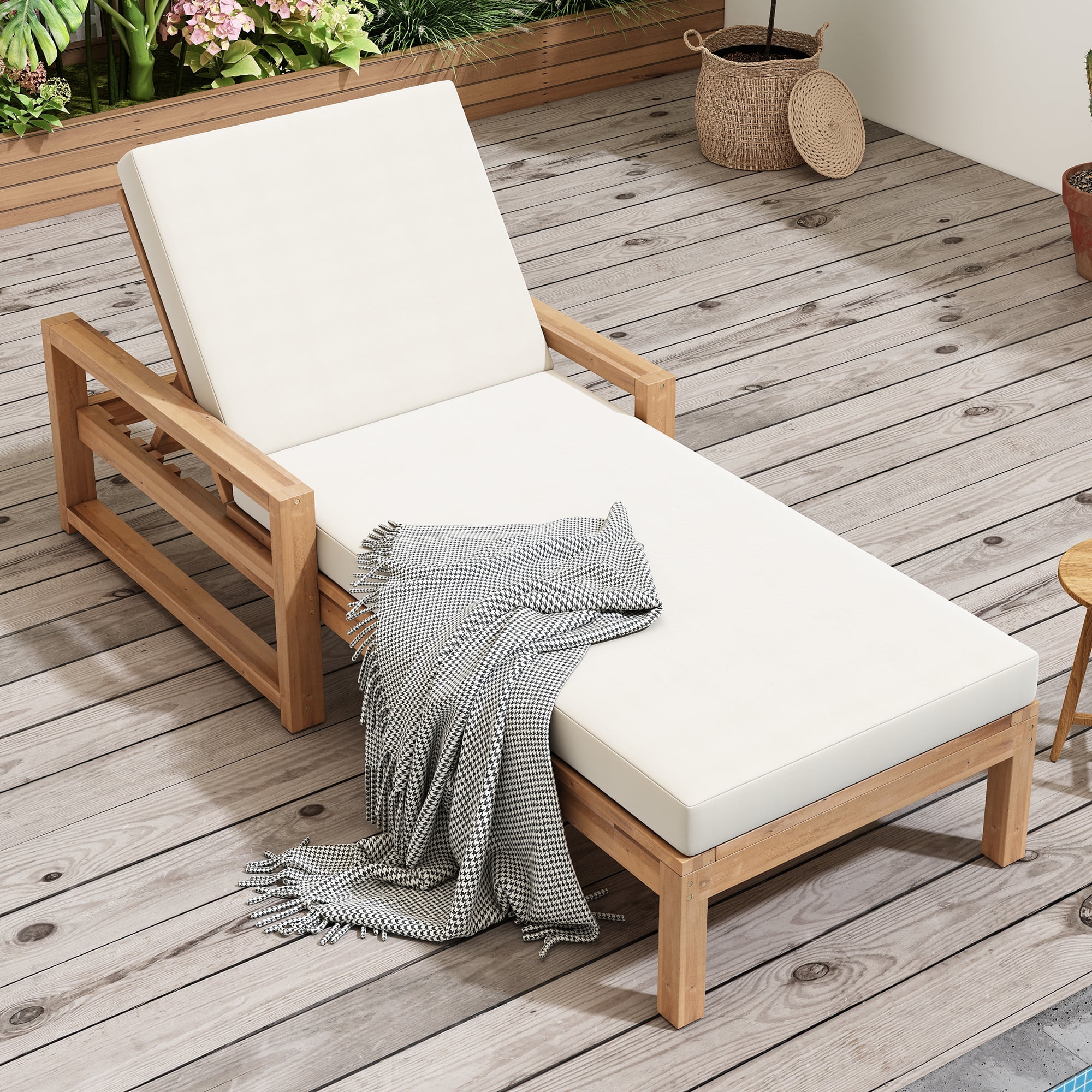 Cushioned 5 Position Lounge Chair, Outdoor Patio Recliner with Soft Pad for Backyard Deck, Light Teak
