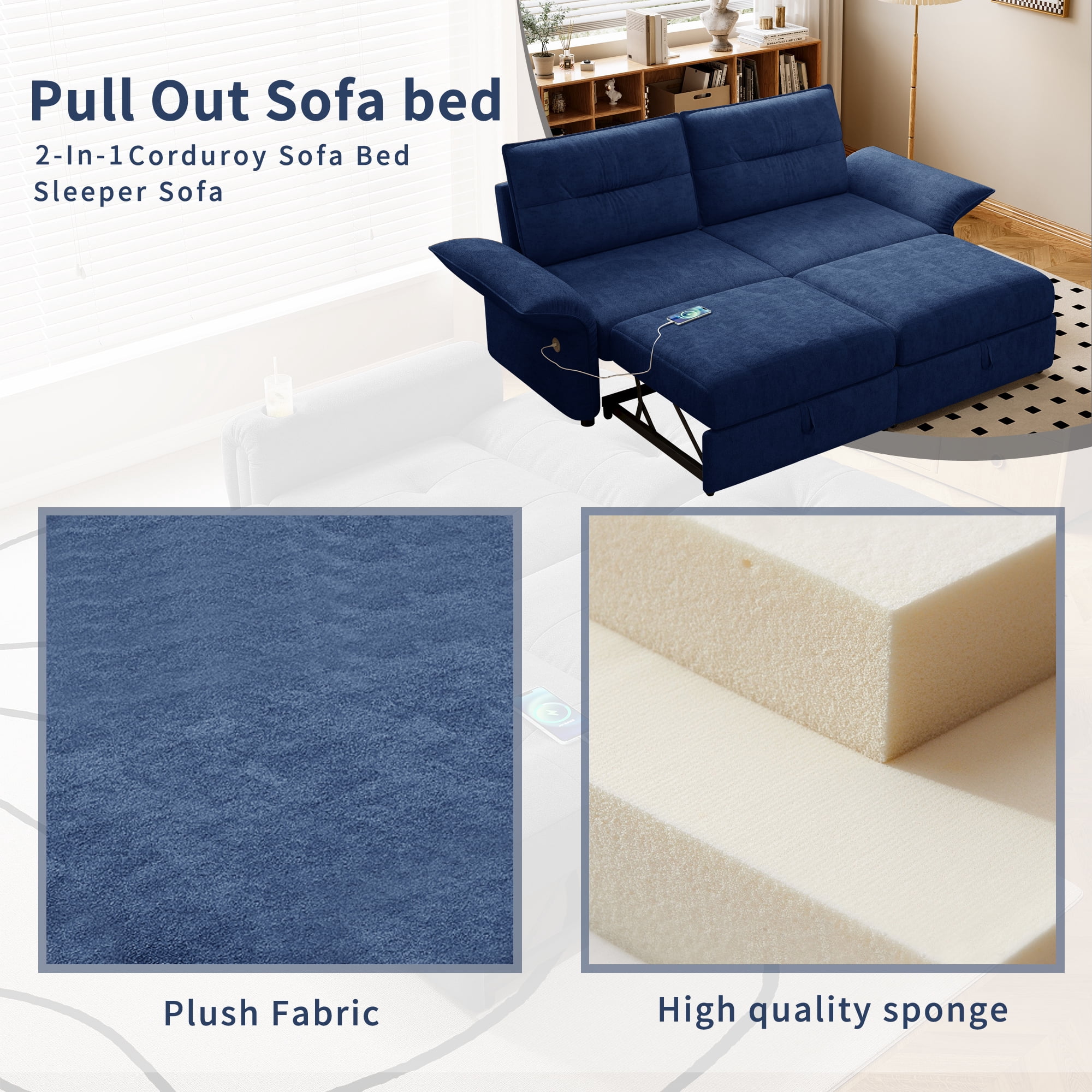 Leumius 85" Convertible Sofa Bed with Wood Frame,2-in-1 Upholstered Sleeper Sofa Bed with Pull Out Bed for Living Room,Apartment,600 lbs Capacity,Blue