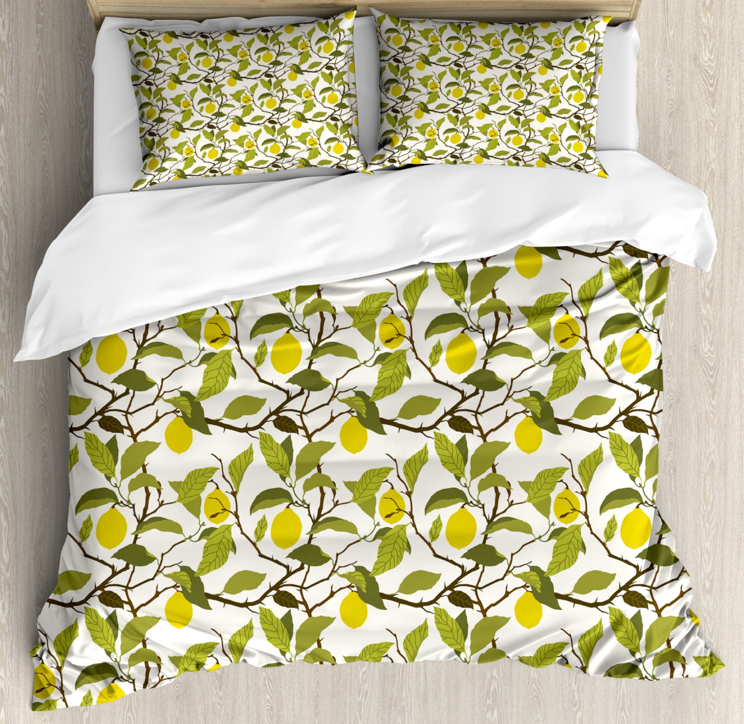 Lemons King Size Duvet Cover Set, Bloomless Lemon Tree with Ripe Fruits