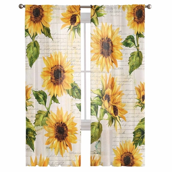 Retro Sunflower Semi Sheer Curtains 108 Inch Length 2 Panels Set, Watercolor Letter Flowers Sheer Kitchen Curtain Privacy Voile Window Curtain for Living Room Bedroom Rod Pocket Drapes