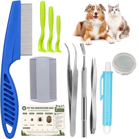GlamourGaze 11 in 1 Tick Removal Kit for Dogs and Cats No Squeeze Tick Remover with Twister Hooks Tweezers Flea Comb Storage Case for Home Outdoor