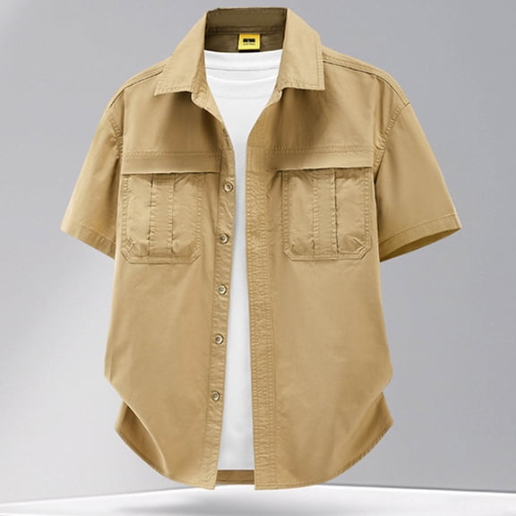 KIHOUT Mne's Dual Chest Pocket Workwear Point Collar Button Down Short Sleeve Cotton Shirt, Regular Loose Fit Breathable 100% Cotton Casual Top