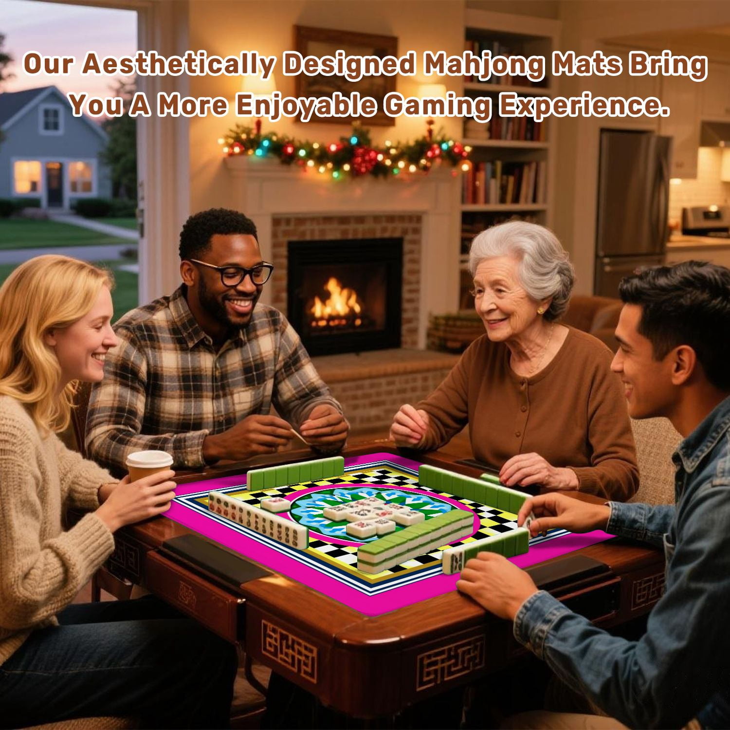 Mahjong Mat 31.5" x 31.5" Colorful Geometric Mandala Checkerboard Vibrant Floral Patterns Non-Slip Noise Reduction American Mahjong Tiles Table Cover for Dominoes Poker Card Board Games Gift