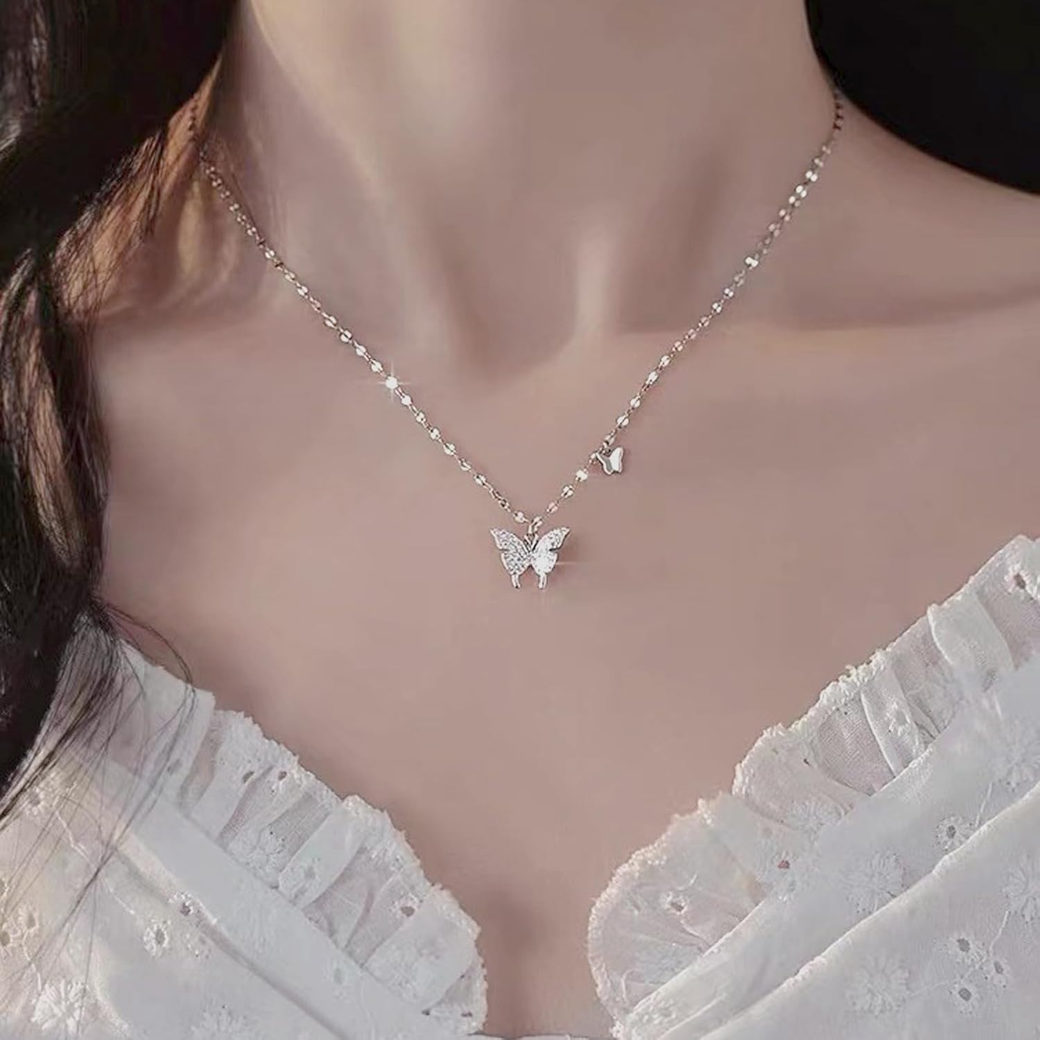 Butterfly Necklace for Women, 925 Sterling Silver Dainty Double Butterfly Pendant Necklace with Cubic Zirconia, Cute Choker Necklaces Jewelry Gifts for Women Mom Friends Grandma