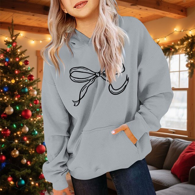 Cowsor Cute Hoodie for Teen Girls Trendy Bow Print Preppy Hooded Sweatshirts Kids Pullover Long Sleeve School Outfits