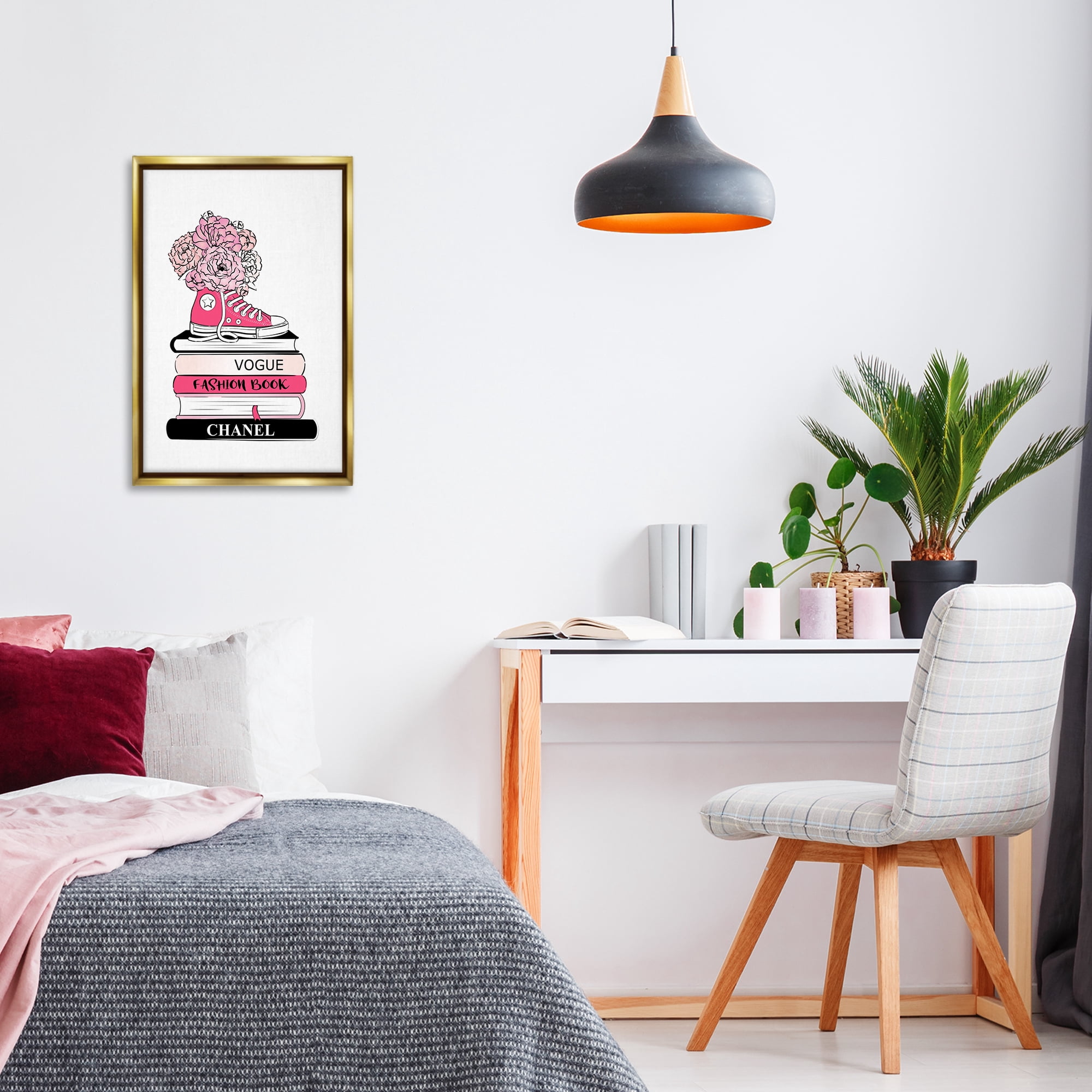 Stupell Industries Sporty Sneaker Bookstack Beauty & Fashion Painting Gold Floater Framed Art Print Wall Art, 17 x 25