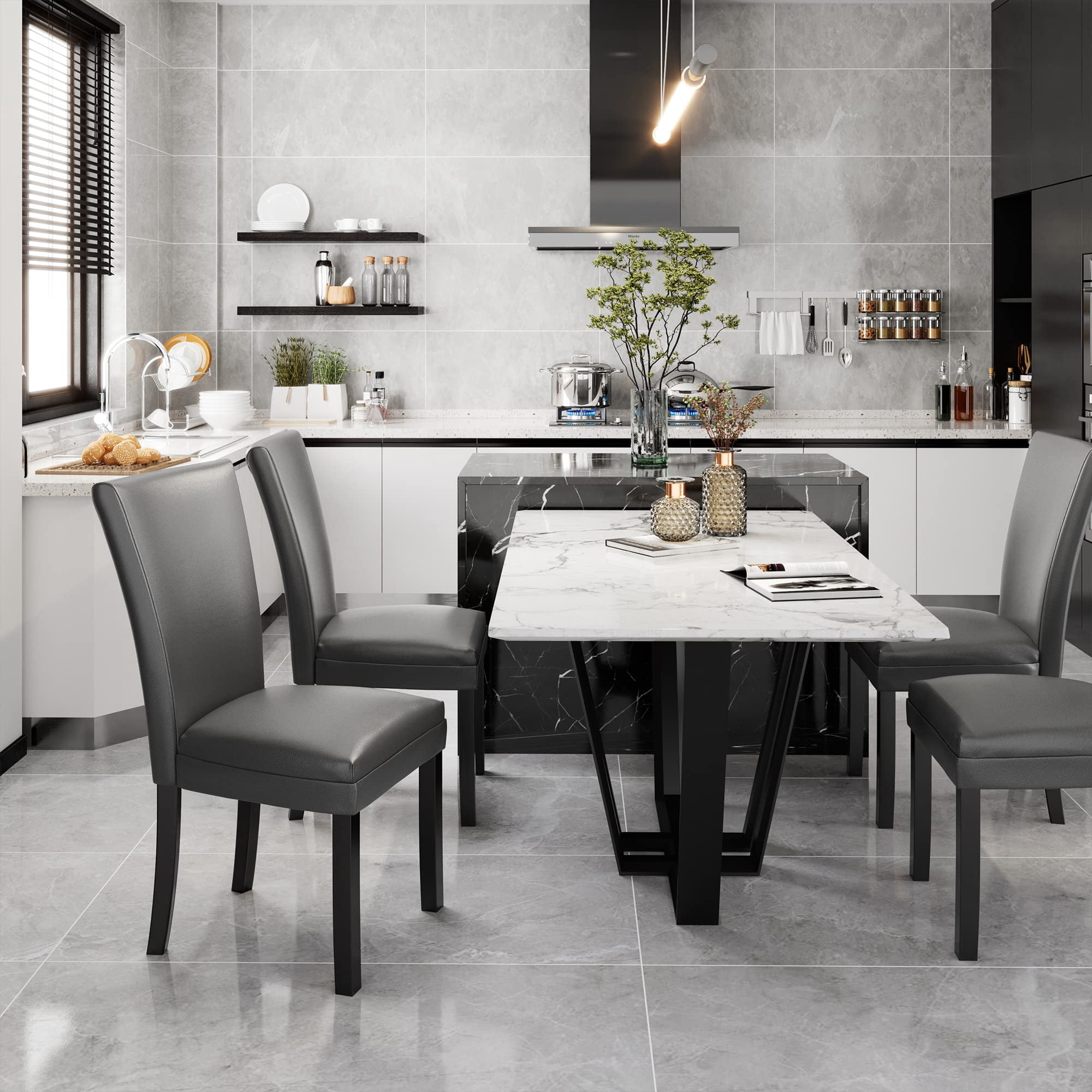 Jesonvid Faux Leather and Solid Wood Dining Side Chairs, Gray（Set of 6）