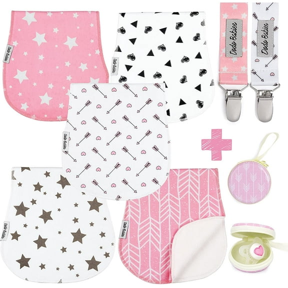 Dodo Babies 5 Pack Baby Burp Cloths with 2 Pacifier Clips and 1 Pacifier Case, Female, Infant