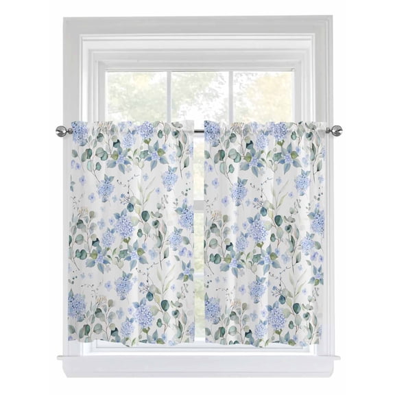 Kitchen Curtains 54 Inches length, Blue Flower Window Treatment Curtain Drapes, Sage Green Eucalyptus Leaf Farmhouse Country Thermal Insulated Drapes for Basement Hotel RV, 42"x54", 2 Panels