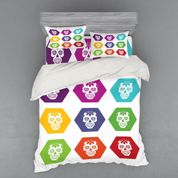 Sugar Skull Duvet Cover Set, Colorful Hexagon Tiles with Silhouette Sugar Skull Florally Ornamented, Bedding Set with Shams and Fitted Sheet, 3 Sizes, by Ambesonne