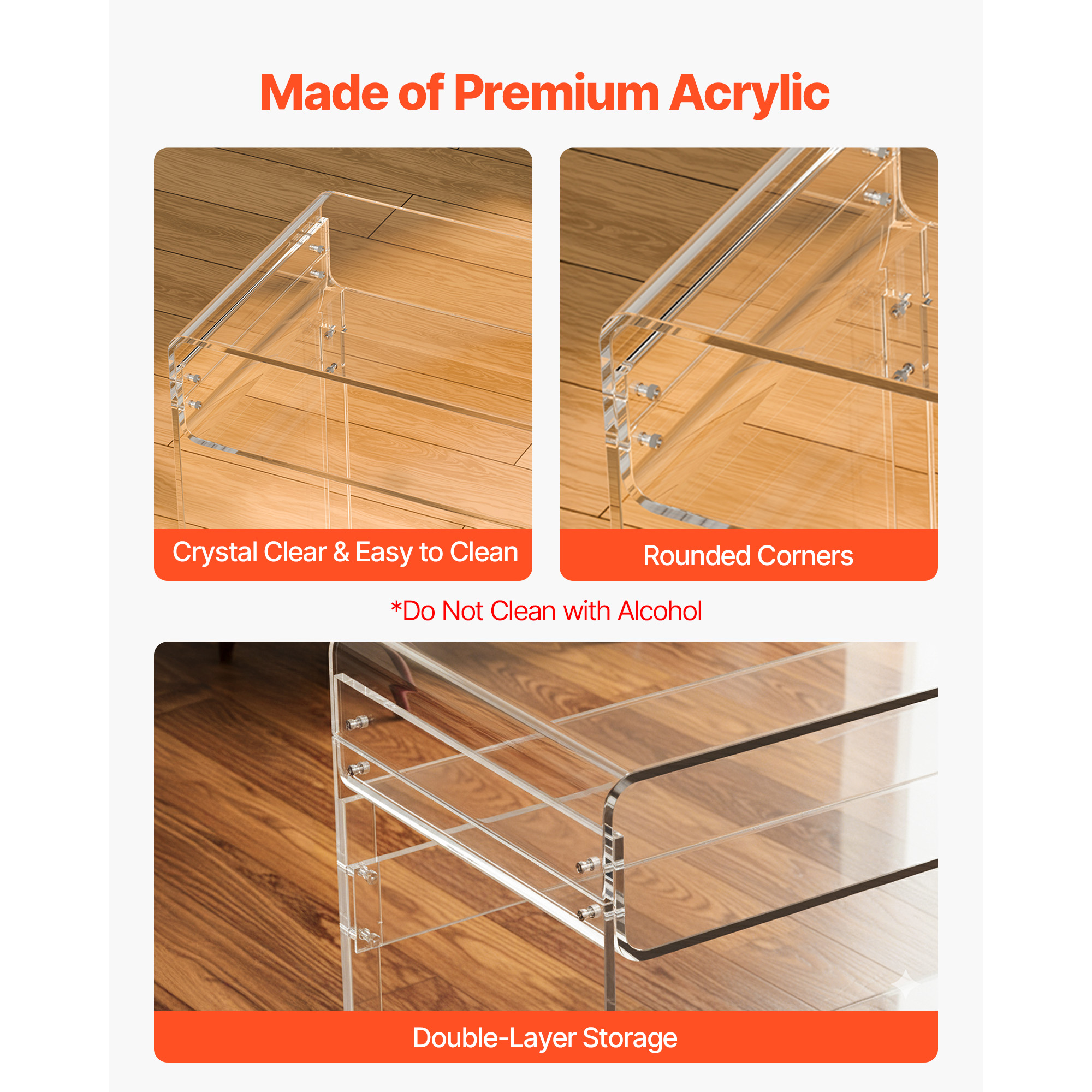 KFFKFF Acrylic Table, Clear End Table Featuring Storage Shelf, Modern Rectangular Side Desk, Transparent Thick Nightstand for Bedroom, Office, or Living Room, 15.7 x 33.5 x 29.5 in (Clear)
