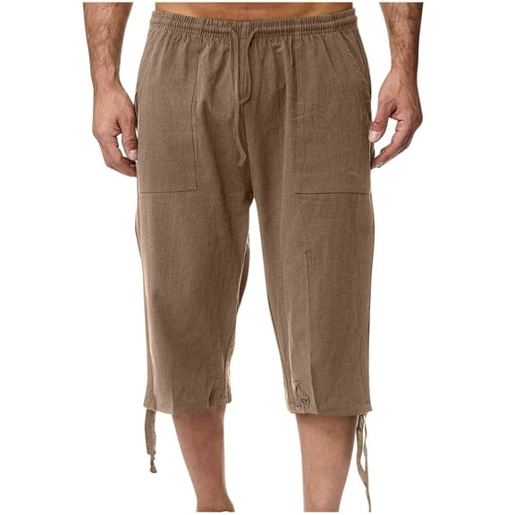 Wyobmus Cargo Shorts for Men Relaxed Fit Lightweight 3/4 Baggy Pants Drawstring Elastic Waist Below Knee Capri Cargo Pants Brown
