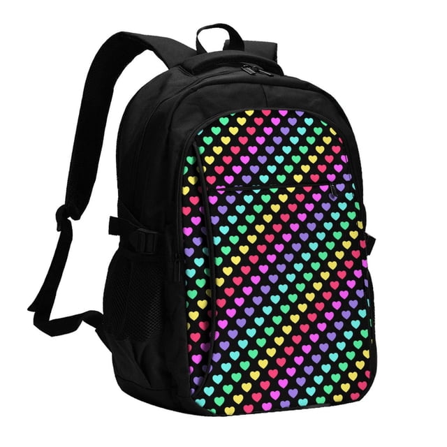 Balery Rainbow Hearts Mochila con carga USB para hombre y mujer - Mochila impermeable y antirrobo para laptop con puerto USB para viajes, trabajo