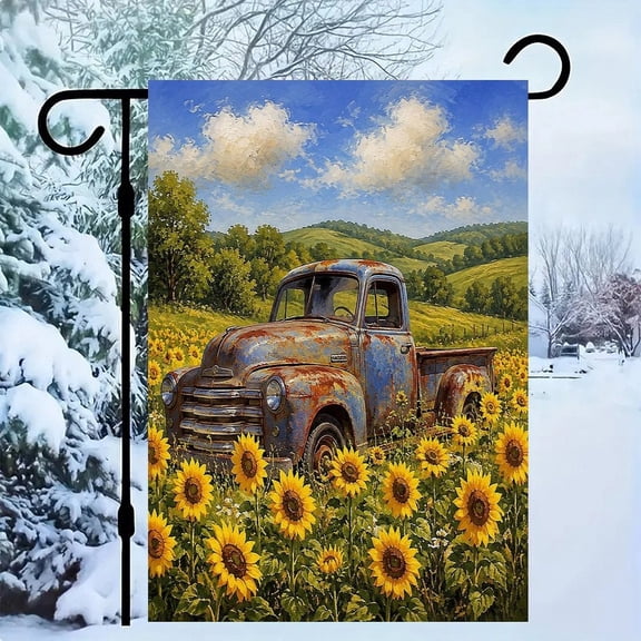 RKSupls Patriotic Linen Double Sided Garden Flag, Independence Day Themed Yard Decor, Rusty Truck Sunflower Field Outdoor Banner for Holiday Lawn