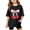 thumbnail image 2 of Girls Tops Floral Cherry Print Short Sleeve Tee Lightweight Summer Girls Clothes Black 5-6 Years, 2 of 4