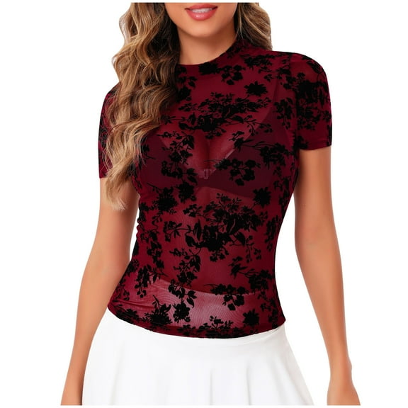 Maean Women's Summer Lace Top 2025 Short Sleeve See Through Mesh Blouse Shirts Going out Clubwear Outfits