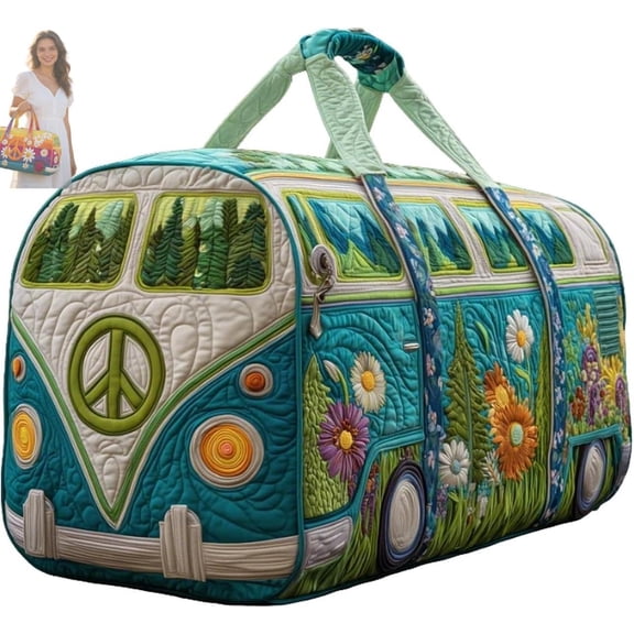 Quilted Hippie Van Duffle Bag with Adjustable Padded Strap - Duffle with Adjustable Padded Shoulder Strap, Durable Polyester Travel Gym Yoga Bag, Spacious Bohemian Carryall for Daily Use