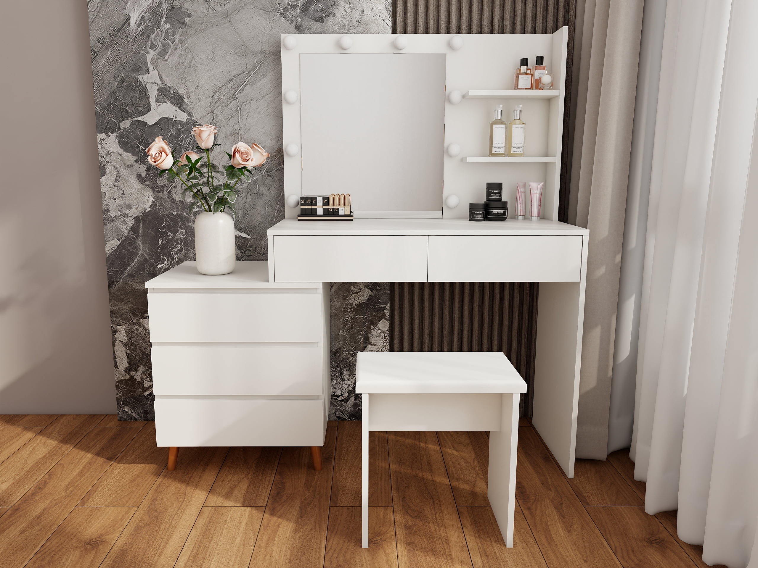 LED Makeup Vanity Table with Mirror, Storage Drawers, Matching Stool and Organizer Compartments, White Beauty Station for Bedroom, 55.1"x15.7"x53.1"