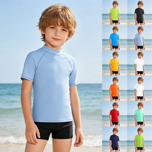 FUZHIQ Boys Girls UPF 50 Rash Guard Swim Shirts Short Sleeve Sun Protection SPF Fishing Surfing Water Beach Shirts Quick Dry,9-10 Years
