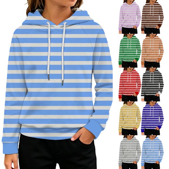 Teen Girls Horizontal Stripe Hoodies Beach Vacation Play Hooded Pullover Tops Retro Loose Long Sleeve Sweatshirts