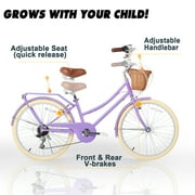 Glerc Missy 24 inch Girl Cruiser Kids Bike Shimano 6-Speed Teen Hybrid City Bicycle with Rack for Youth Ages 7 8 9 10 11 12 13 14 Years Old Wicker Basket & Lightweight, Purple