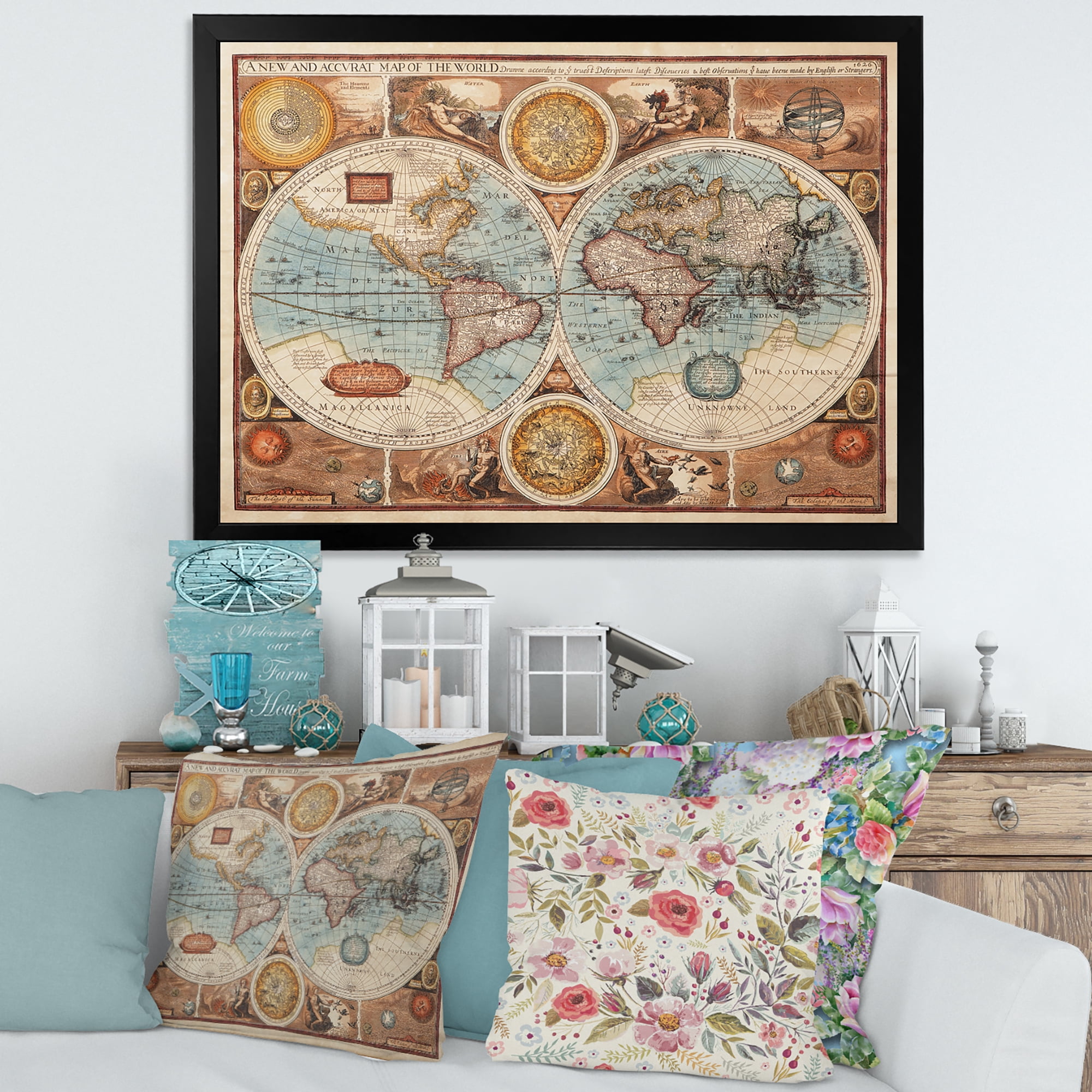 Designart 'Vintage Map of The World VIII' Vintage Framed Art Print