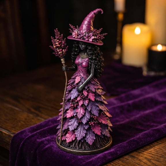 Resin Floral Witch Figurine, 7.1 inch Nature-Inspired Fall Halloween Statue for Tabletop, Mantel, Shelf, Entryway, Party Display and Seasonal Home Decoration, C