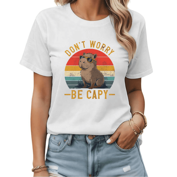 Funny Capybara Lover Don't Worry Be Capy Graphic Tees Womans Tshirt Black White S-5XL Tops