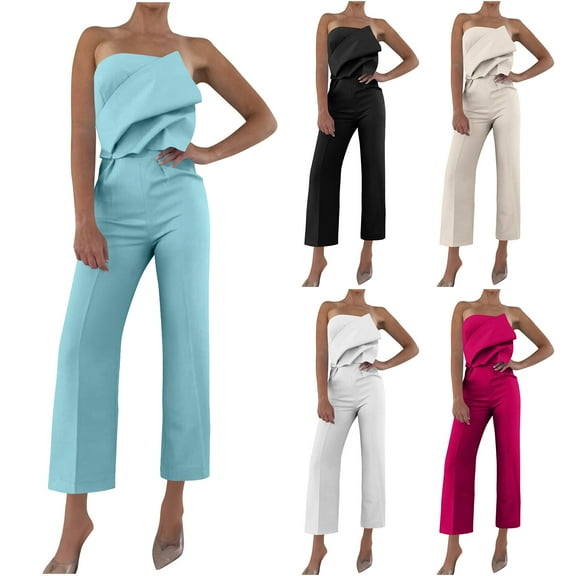 FRSASU Women's Solid Color Pants Tight Fitting Chest Hugging Open Back High Waist Wide Leg Fashion Jumpsuit White XL(XL)