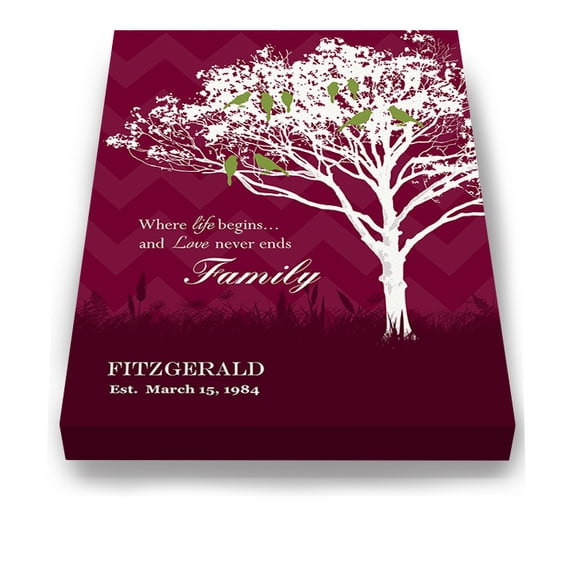 MuralMax Personalized Canvas Wall Decor Gifts For Him & Her - Romantic Family Tree & Lovebirds With Name & Date - Anniversary, Retirement Milestone Parties - Burgundy - Canvas Size 11 x 14