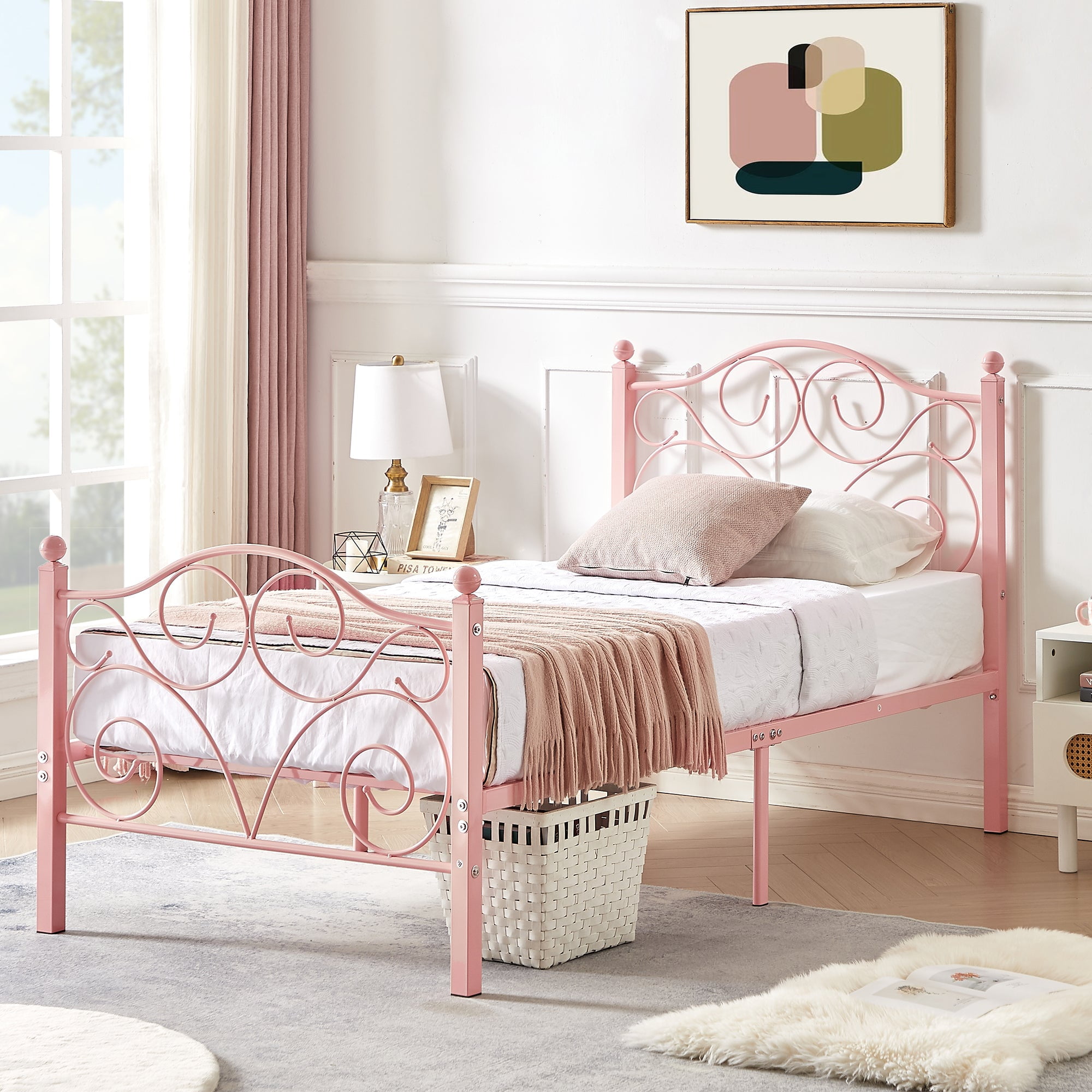 VECELO Twin Bed Frame with Headboard & Footboard, Modern Metal Platform Bed Frame with Underbed Storage Space, No Box Spring Needed, Heavy Duty & Quick Assembly, Pink