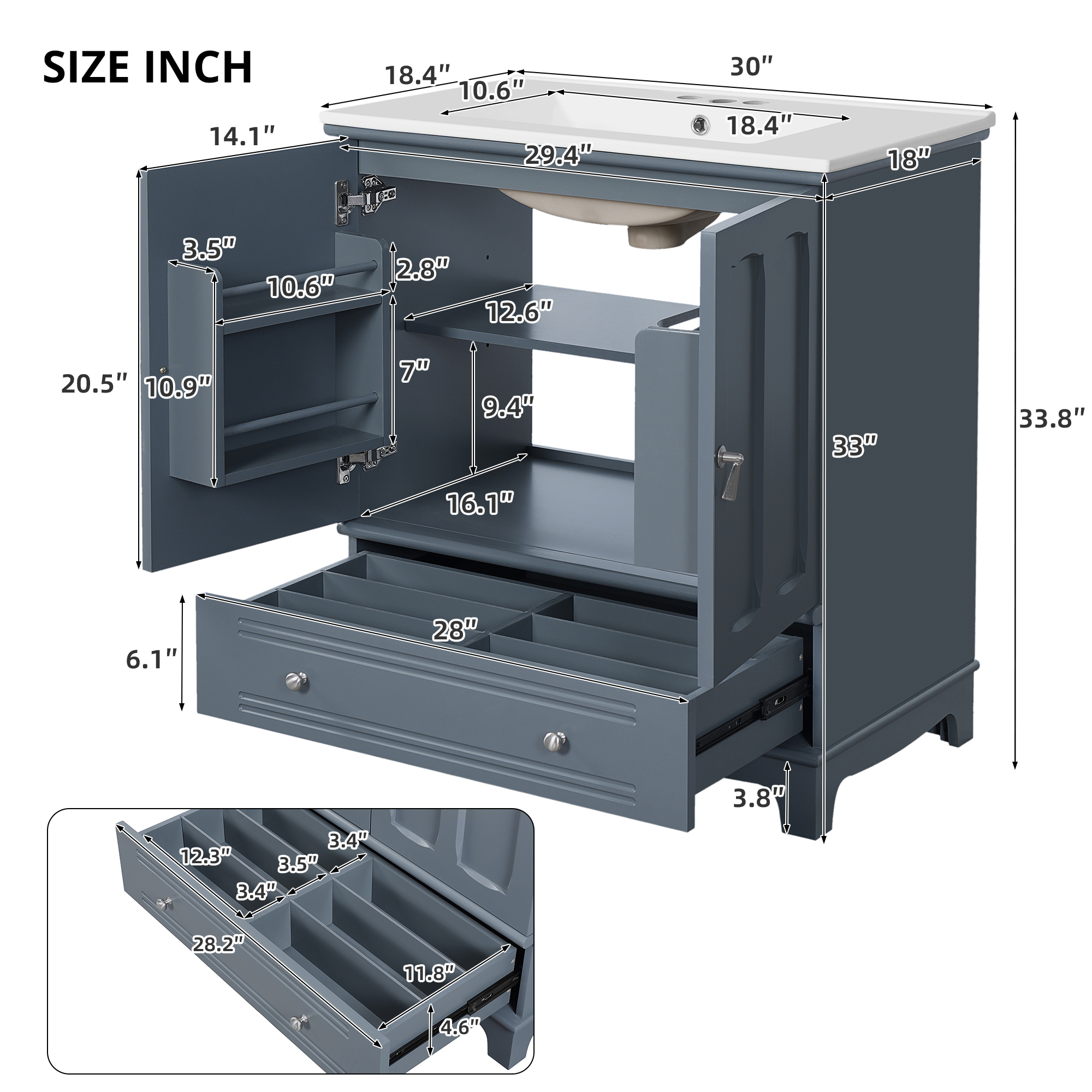 Euroco 30" Bathroom Vanity with Ceramic Sink, Solid Wood Frame Bathroom Sink Cabinet with Adjustable Shelf, Drawer with Divider, Solid Wood Feet