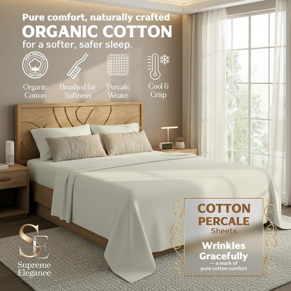 4 Pcs Organic Cotton Queen Sheet Set Light Ivory Cooling Percale Deep Pocket
