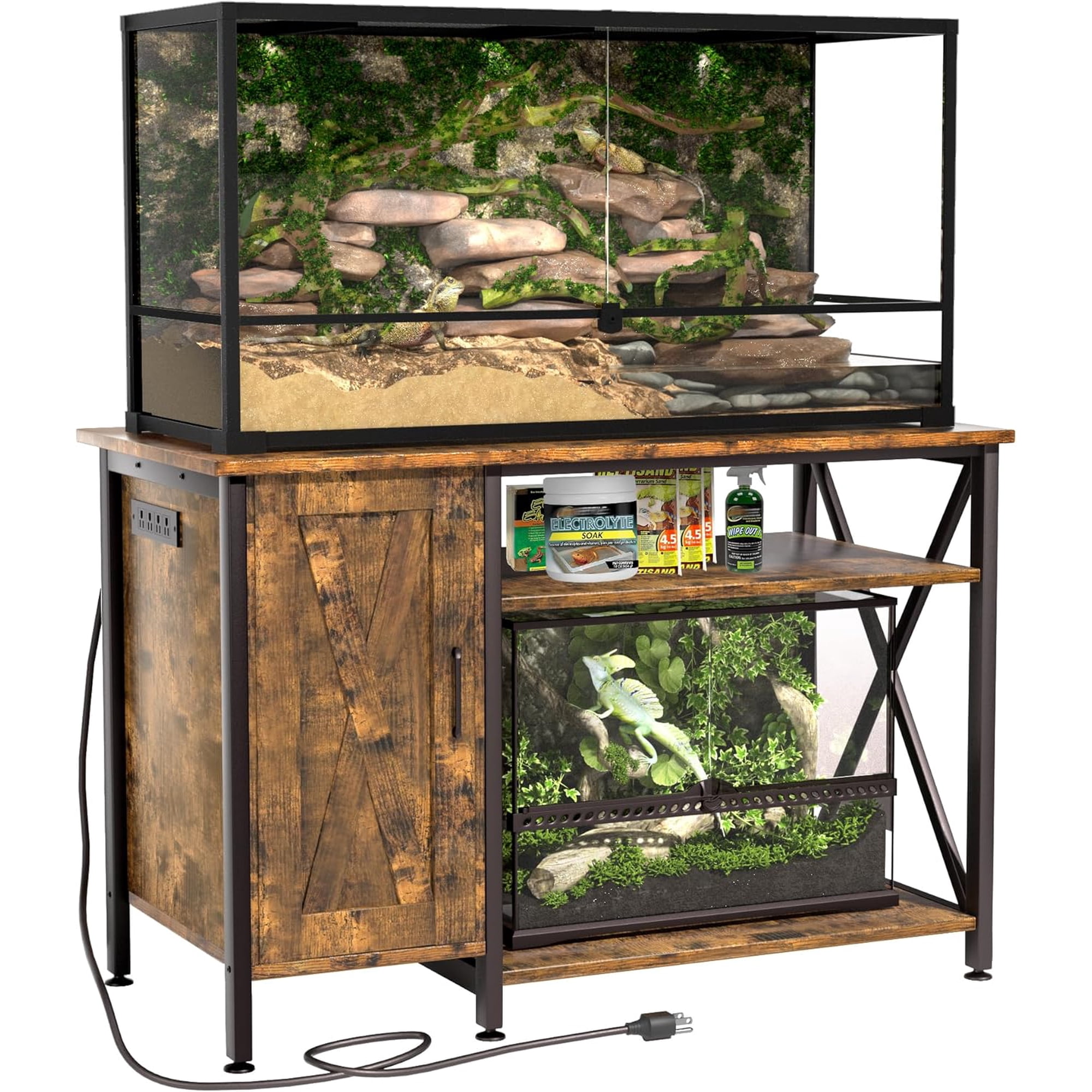 120 Gallon Reptile Tank Stand, 4x2x2 Reptile Enclosure Stand, with Storage Cabinet and Power Outlet, Terrarium Stand for Bearded Dragons, Snakes, Lizard Rustic Brown PG08XYN