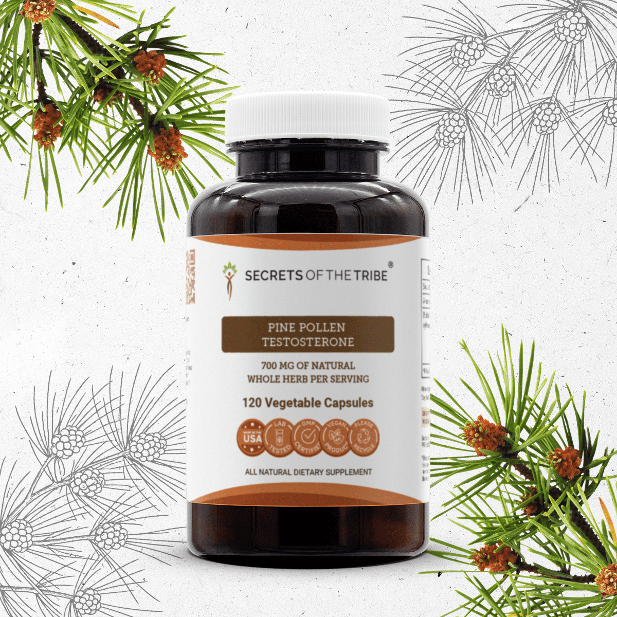 Secrets Of The Tribe Pine Pollen Testosterone Capsules Dietary Supplement, Natural Herbal Capsules for Hormonal and Antioxidant Support, Pine Pollen (Pinus sylvestris) Dried Pollen, 120 Capsules