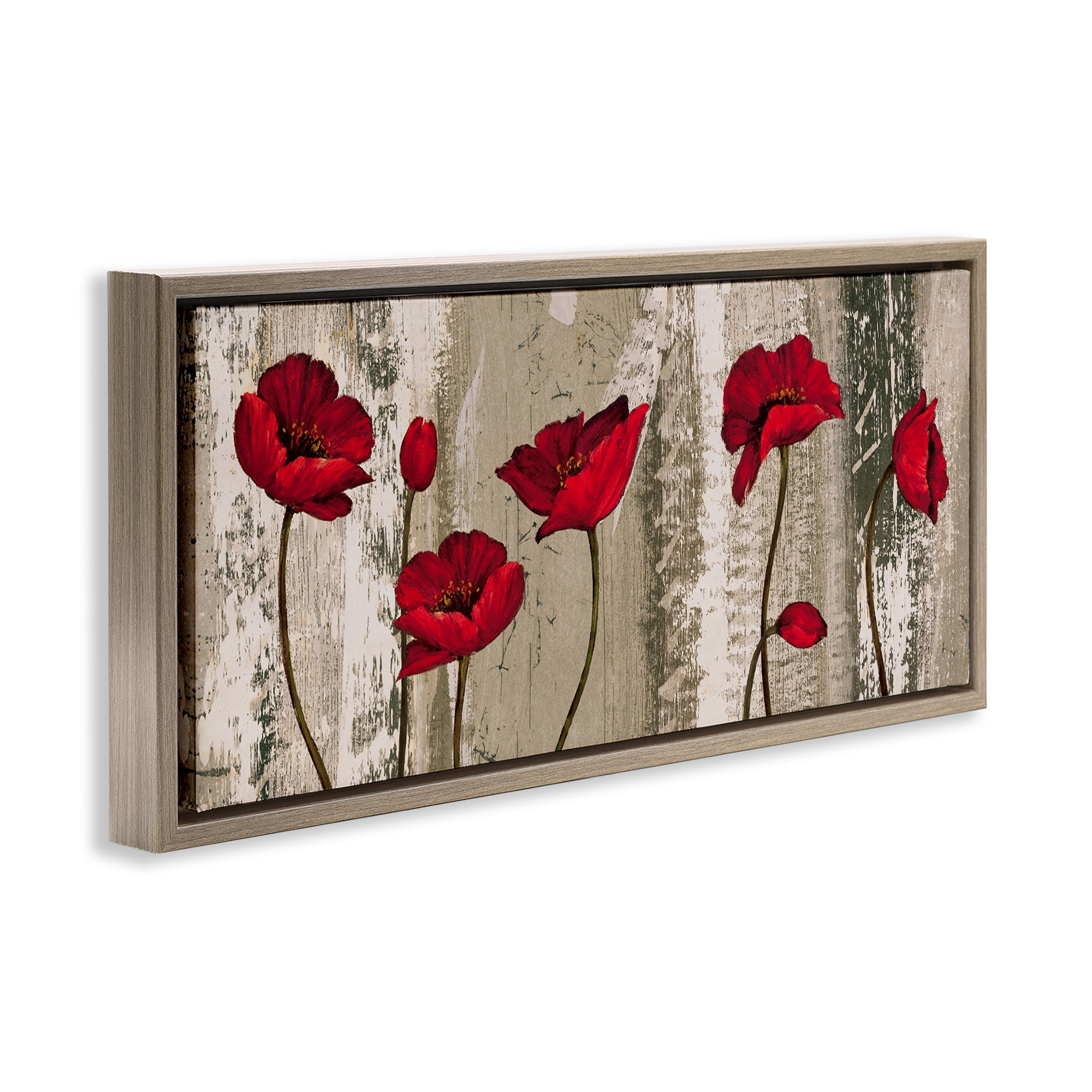Stupell Industries Red Anemones on Tan Plants & Flowers Painting Brown Floater Framed Canvas Art Print Wall Art, 25 x 11
