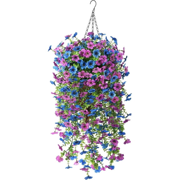Artificial Hanging Plants & Faux Flowers for Outdoor Planters, Long Trailing Silk Vine Baskets, UV Resistant Artificial Flowers for Outdoors for Porch Patio Front Door Decor