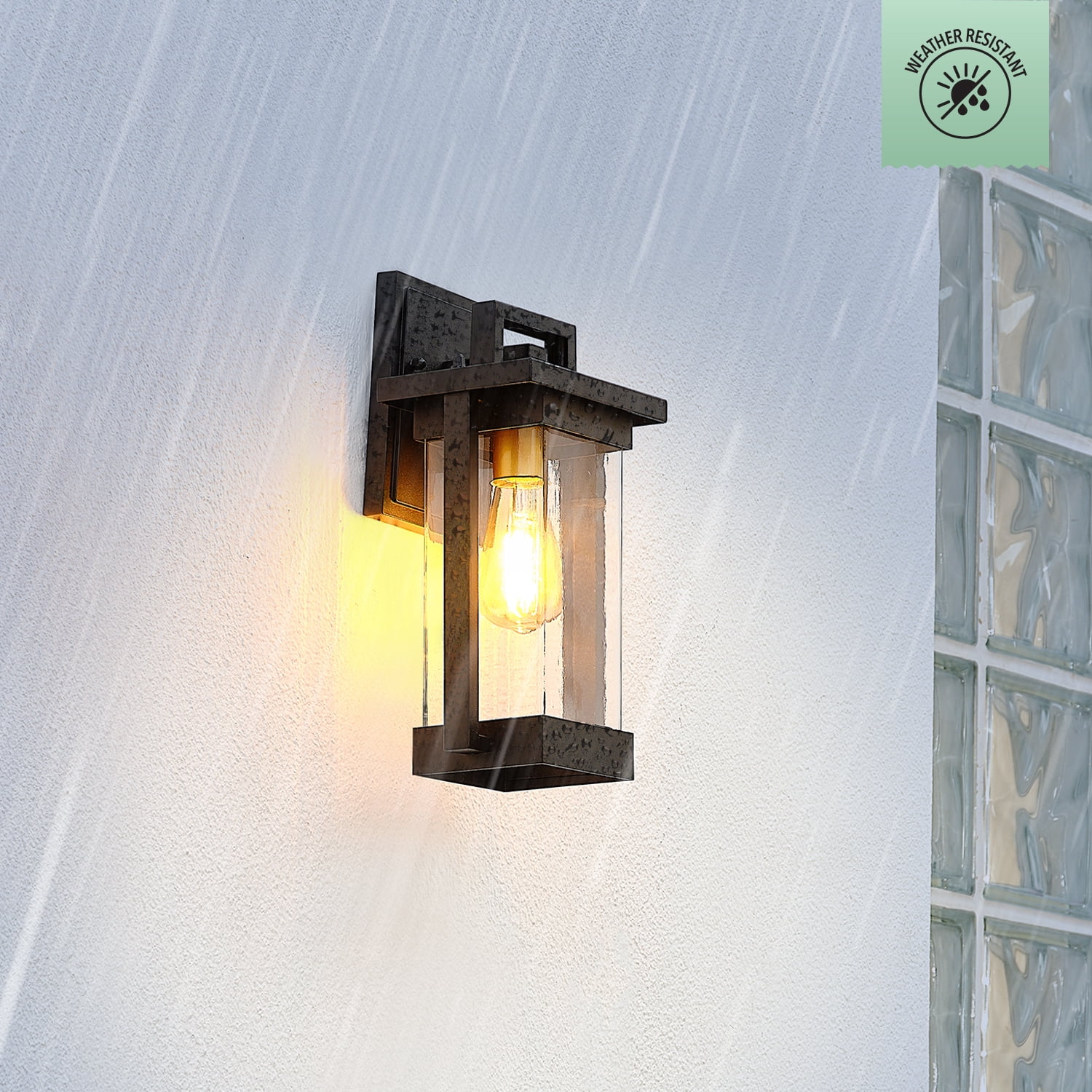 Globe Electric 1-Light Matte Black Outdoor Hardwired Wall Sconce with Brass Accent and Clear Seeded Glass Shade
