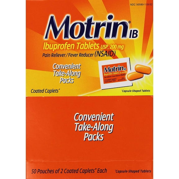IB Ibuprofen Pain Reliever, 50 Pouches of 2 Caplets Each, Pain reliever and fever reducer By Motrin