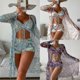 thumbnail image 1 of Traje de baño de 3 piezas para mujer con parte superior dividida + pantalones cortos de cintura alta + conjunto de cordón de cobertura de manga larga, 1 of 3
