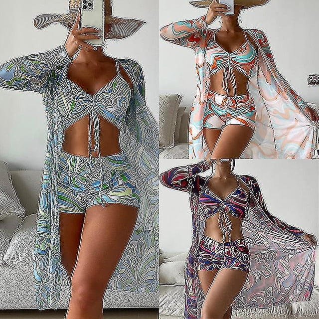 Traje de baño de 3 piezas para mujer con parte superior dividida + pantalones cortos de cintura alta + conjunto de cordón de cobertura de manga larga
