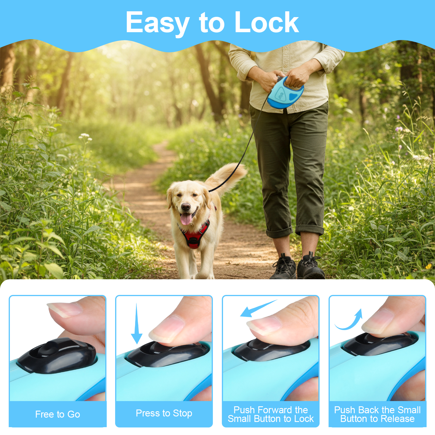 HOOTEK Retractable Dog Leash with LED Light, 16ft Heavy Duty Dog Leash with Anti-Slip Handle and 360° anti-tangling, One Button Brake & Lock Dog Leash for Small/Medium/Large Dogs Up to 50lbs, Blue