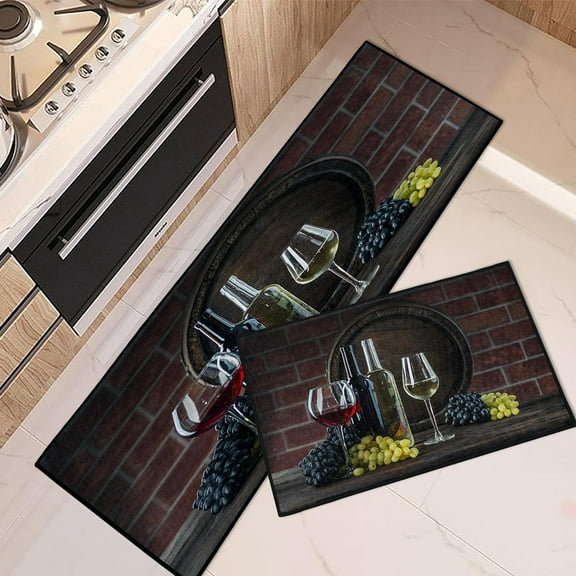 Wine Home Kitchen Rug, Farmhouse Kitchen Mats Set of 2, Grapes Tall Oak Cellar Kitchen Rugs and Mats Non Skid Washable, Rustic Vintage Kitchen Decor