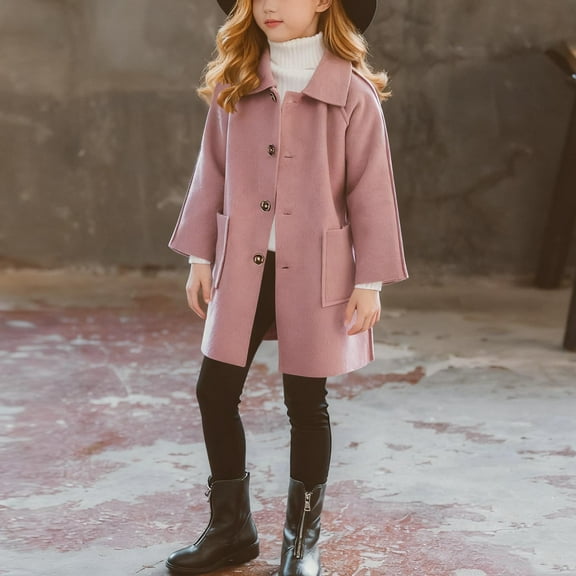 UQJfacai Girls Pea Coats Kids Wool Blend Collared Trench Coat Fall Winter Single Breasted Raglan Overcoat with Pockets 4-14 Years