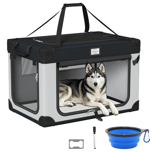 36in Collapsible Dog Crate, Portable Soft Travel Dog Crate with Bowl, Foldable Pet Kennel Carrier, with Signature Card and Pen, Black&White