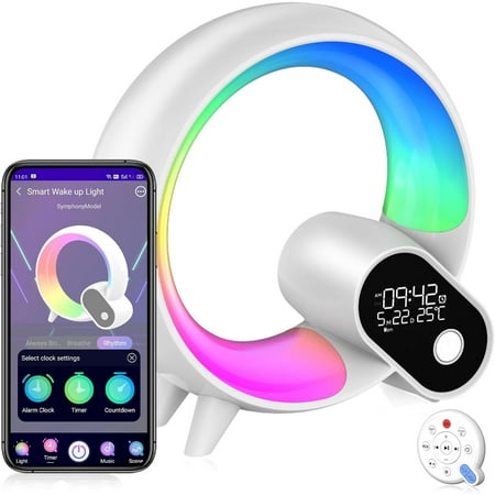 

Sunrise Wake Up Light Smart Alarm Clock with 15 Baby Soothing Sounds White Noise Machine APP RC Bluetooth Timer Temp Bedside Lamp for Kids/Adults/Heavy Sleepers Ideal for Gift