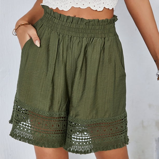Pantalones cortos casuales con cintura elástica, pantalones cortos holgados con doble bolsillo y encaje de cintura alta para mujer, pantalones cortos holgados de cintura alta, estética elegante