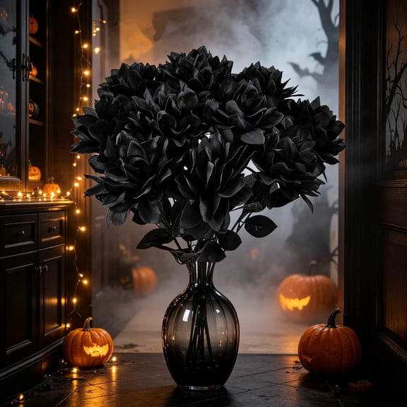 YuanGuangQ Halloween Black Artificial Flowers, Black Rose Floral Arrangement for Holiday Party Decor, Decorative Faux Flowers for Vase Table Centerpiece Home Holiday Display