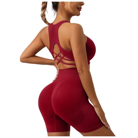 Vdoaml Womens Seamless Workout Set 2 Piece Outfit Ladies Crisscross Back Racerback Sports Bra and Biker Shorts L Wine